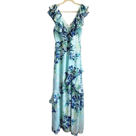 Lulus Sammi Blue Floral Ruffle wrap Maxi Dress Wedding Formal coastal beachy S - Picture 2 of 16